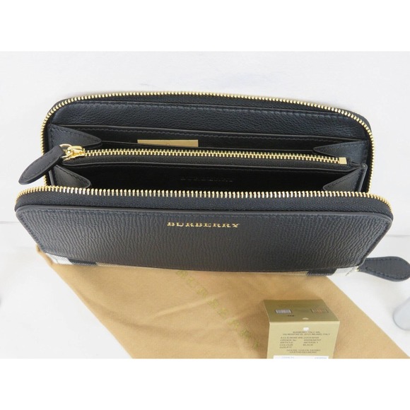 BURBERRY ELMORE BLACK HOUSE CHECK DERBY LEATHER ZIP AROUND LOGO CLUTCH WALLET - Picture 9 of 10